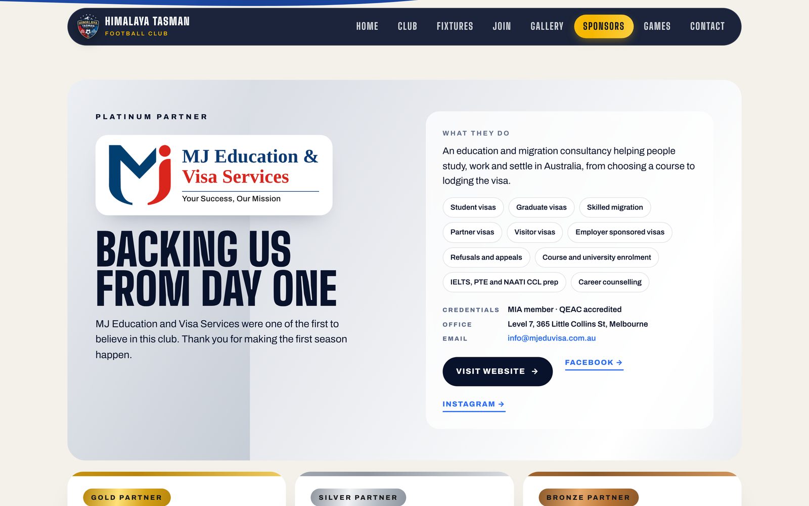 Himalaya Tasman FC sponsors page showing the Platinum partner MJ Education and Visa Services